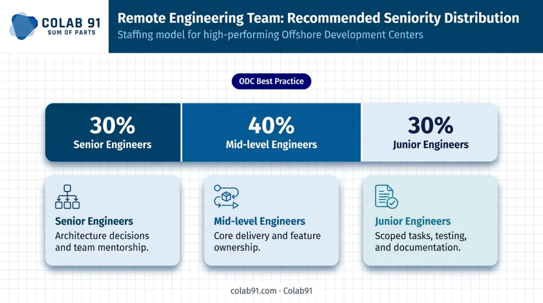 Remote software development team seniority mix ratio comparison infographic