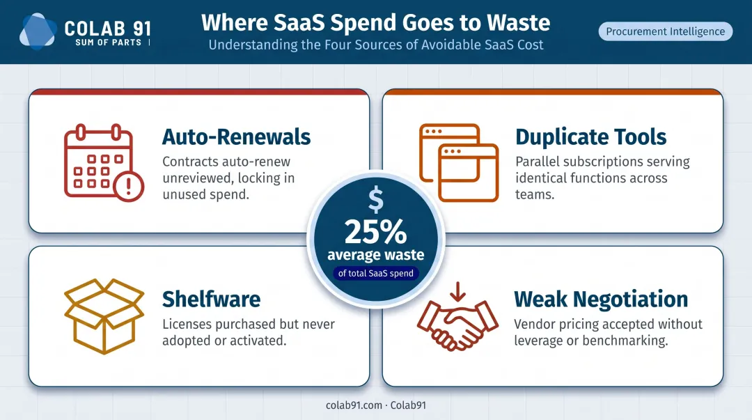Four common SaaS waste sources draining mid-market company EBITDA infographic