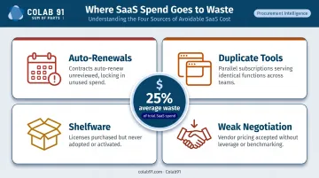 Four common SaaS waste sources draining mid-market company EBITDA infographic