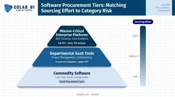Three-tier software category segmentation matrix by business impact and sourcing effort required