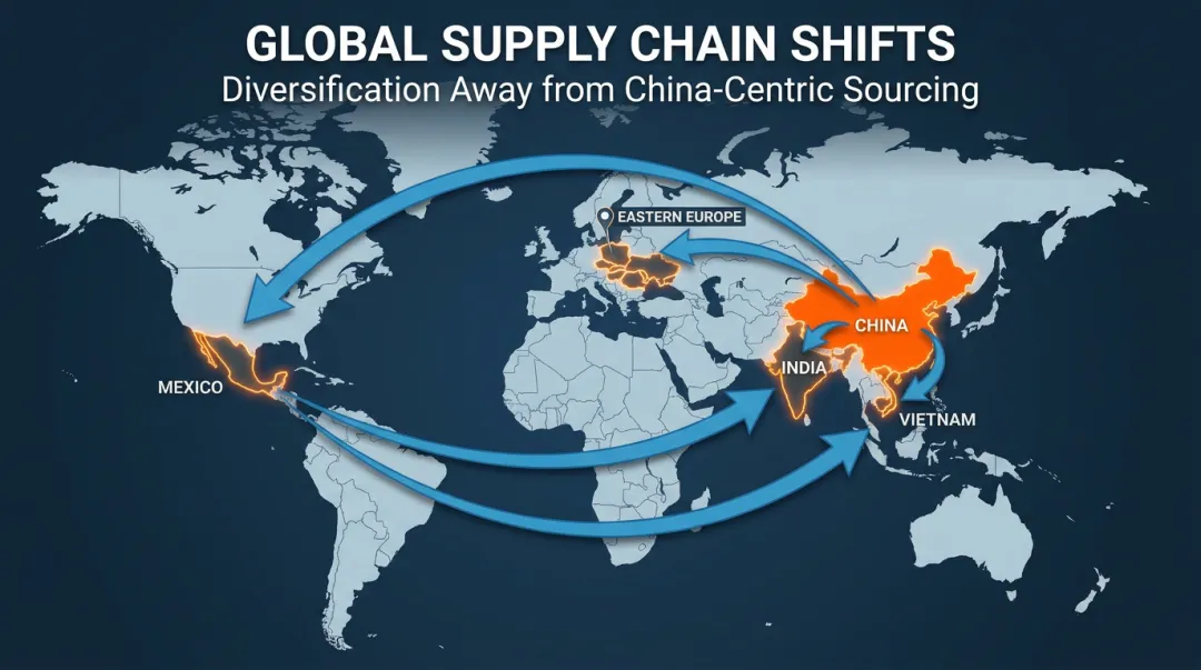 Global supplier diversification map showing emerging sourcing markets across multiple regions