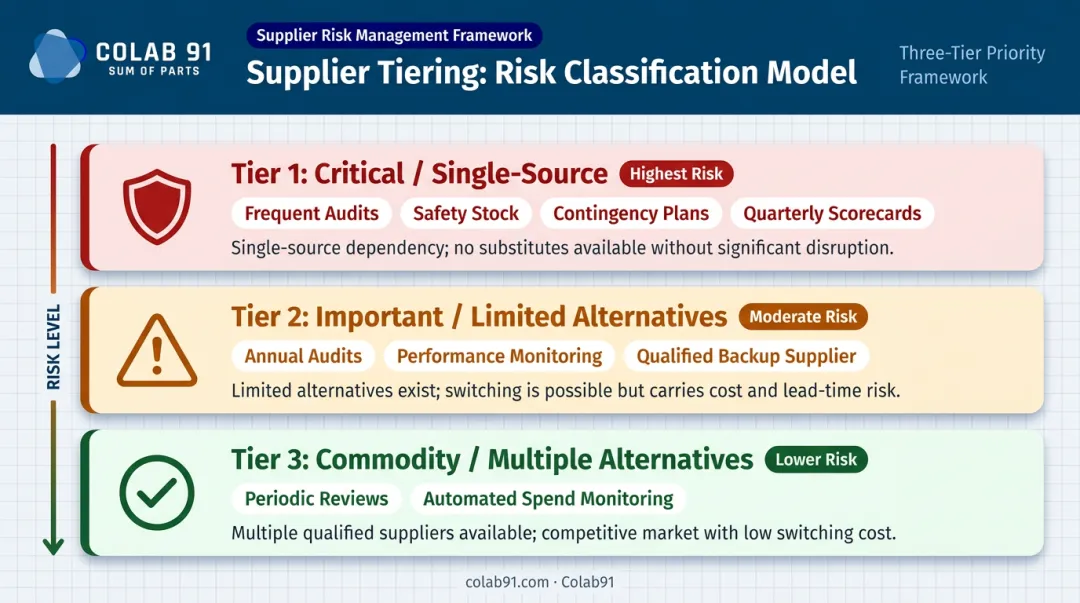 Three-tier life sciences supplier risk management framework classification infographic