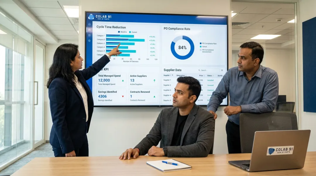 Procurement transformation team reviewing spend analytics and operating model results on digital dashboard