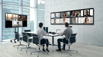 Global offshore team video conference collaboration across multiple time zones on screens