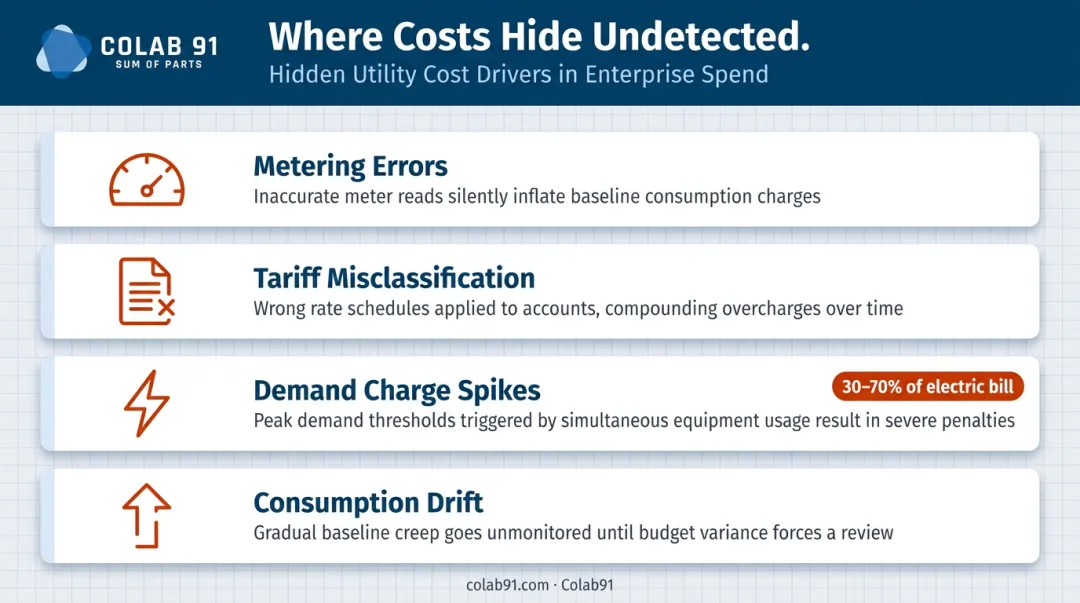 Four hidden utility consumption cost drivers with demand charge percentage breakdown