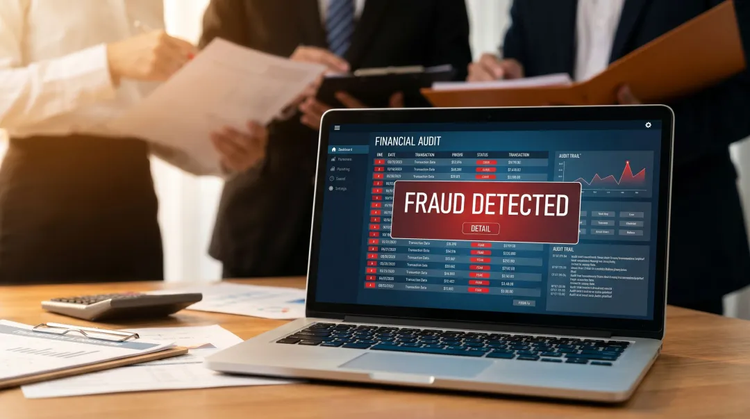 Finance auditor reviewing flagged transactions and reconciliation records on dual monitors