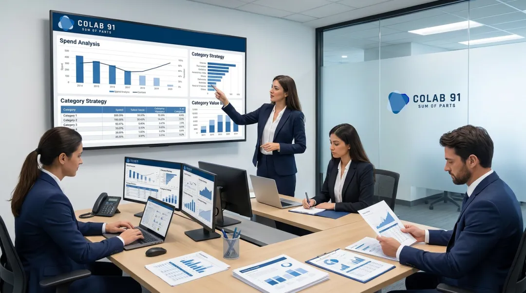 Colab91 procurement analytics team reviewing spend classification and category scoring data