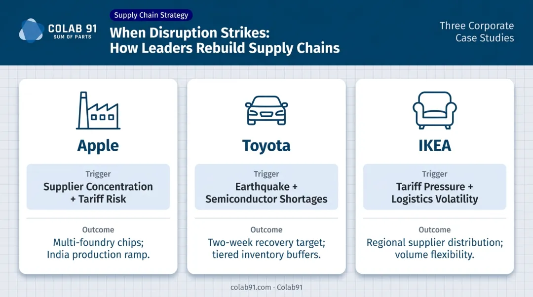Apple Toyota IKEA dual sourcing strategies triggers and structural outcomes comparison table