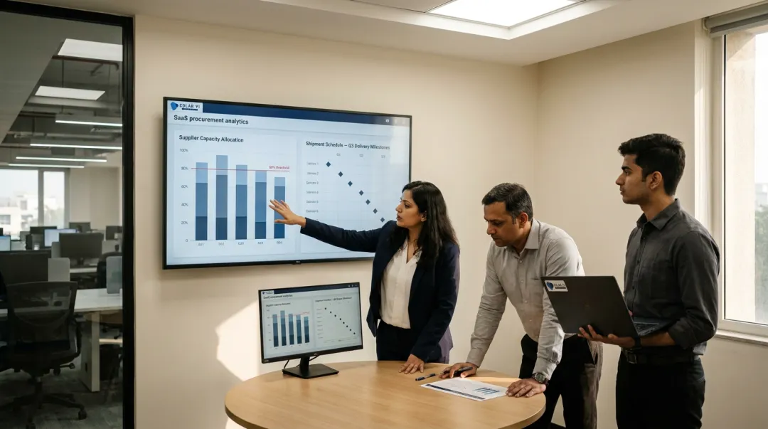 Procurement team reviewing dual supplier capacity options on dashboard in modern office