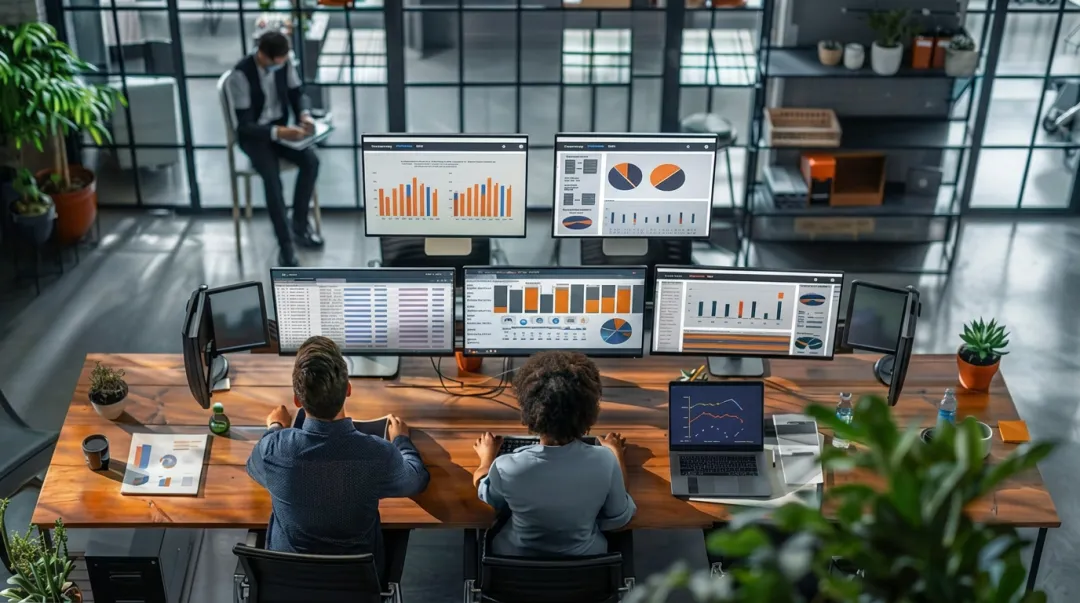 Procurement and spend analytics team working on data dashboards in modern office