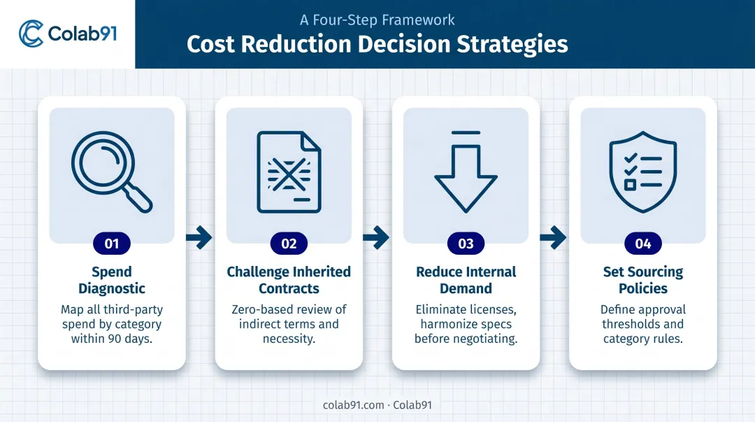 Four-step procurement decision strategy process flow for PE portfolio cost reduction