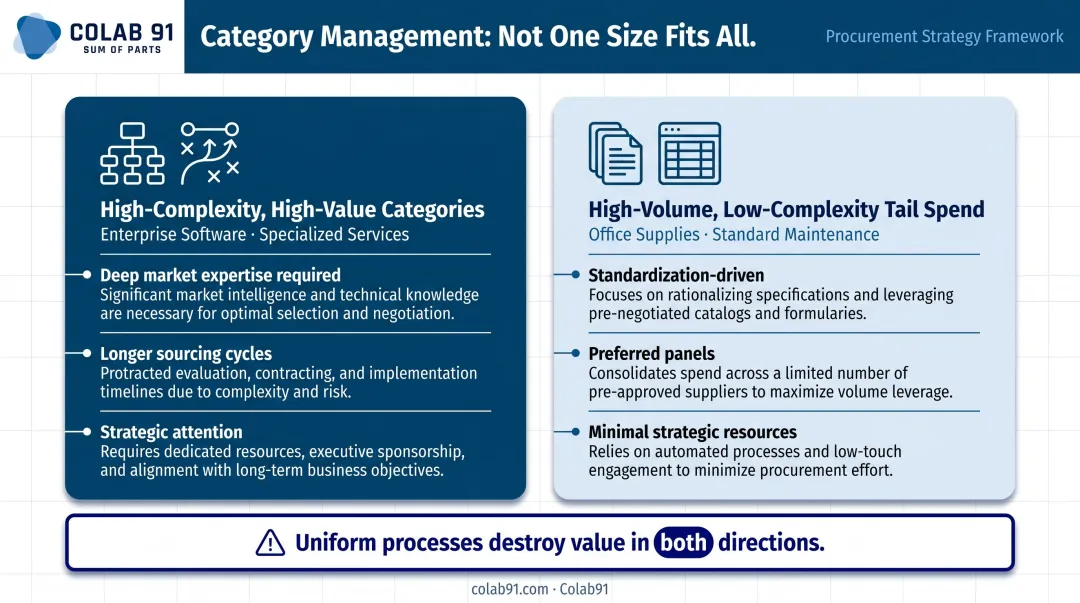 Procurement category complexity matrix comparing high-value strategic versus tail spend management approaches