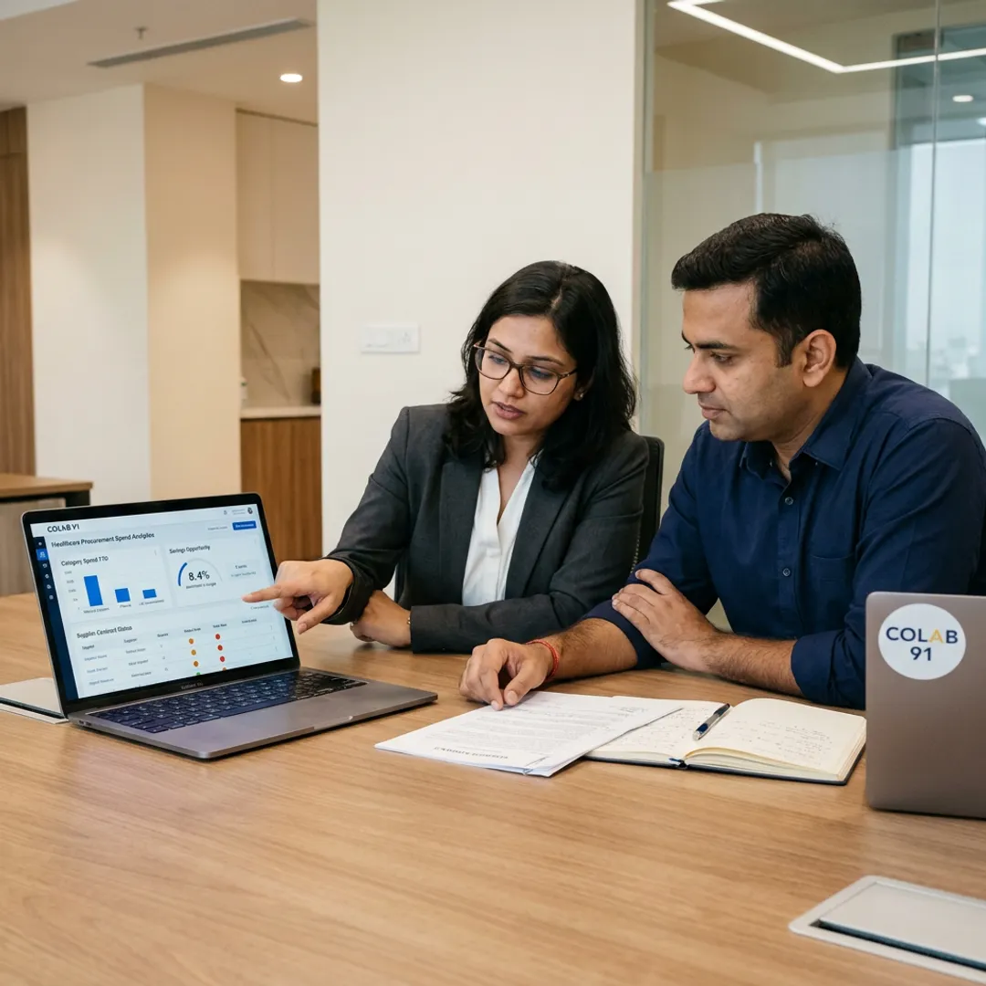 Healthcare procurement consultants reviewing supplier spend data