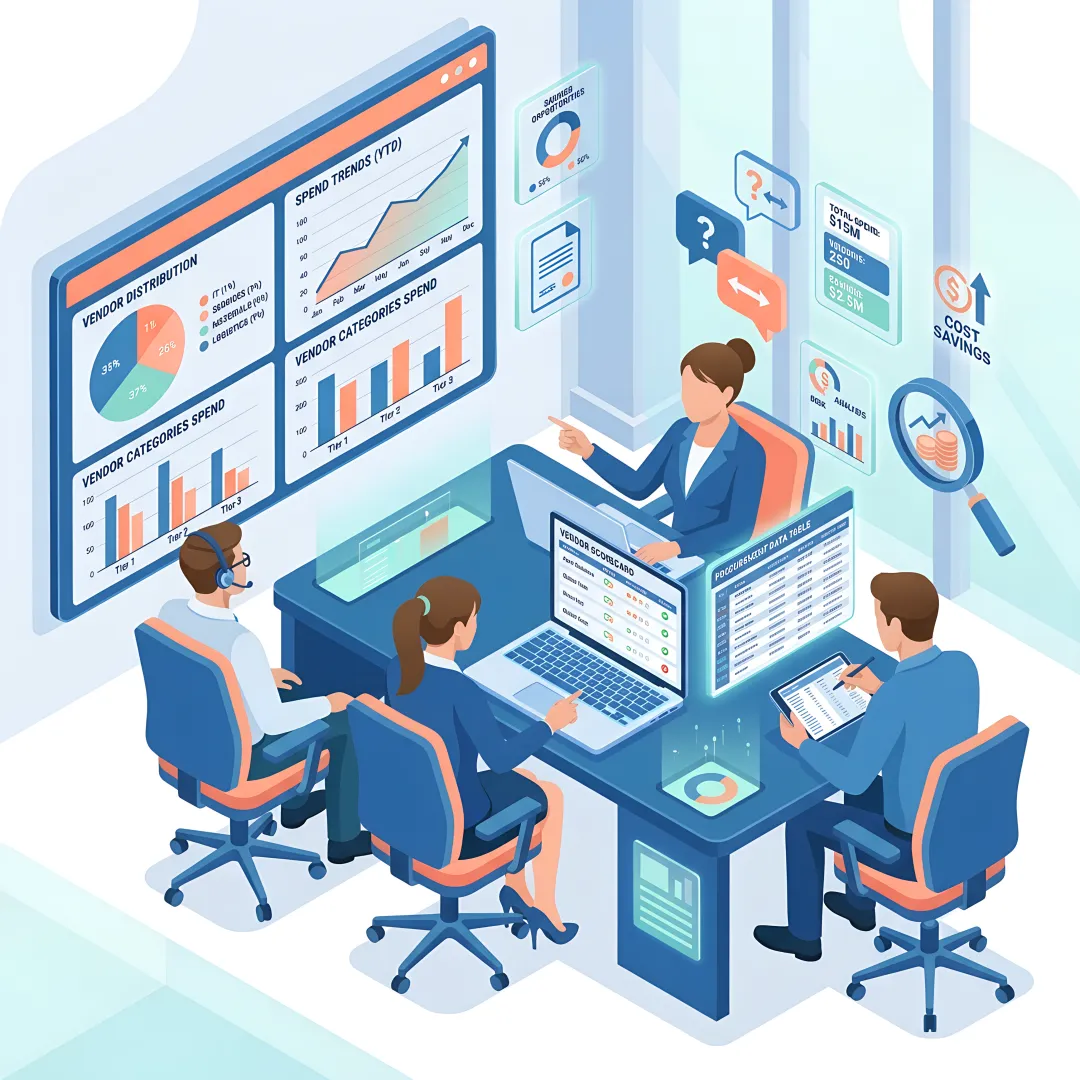 Consultants reviewing vendor spend analysis dashboards