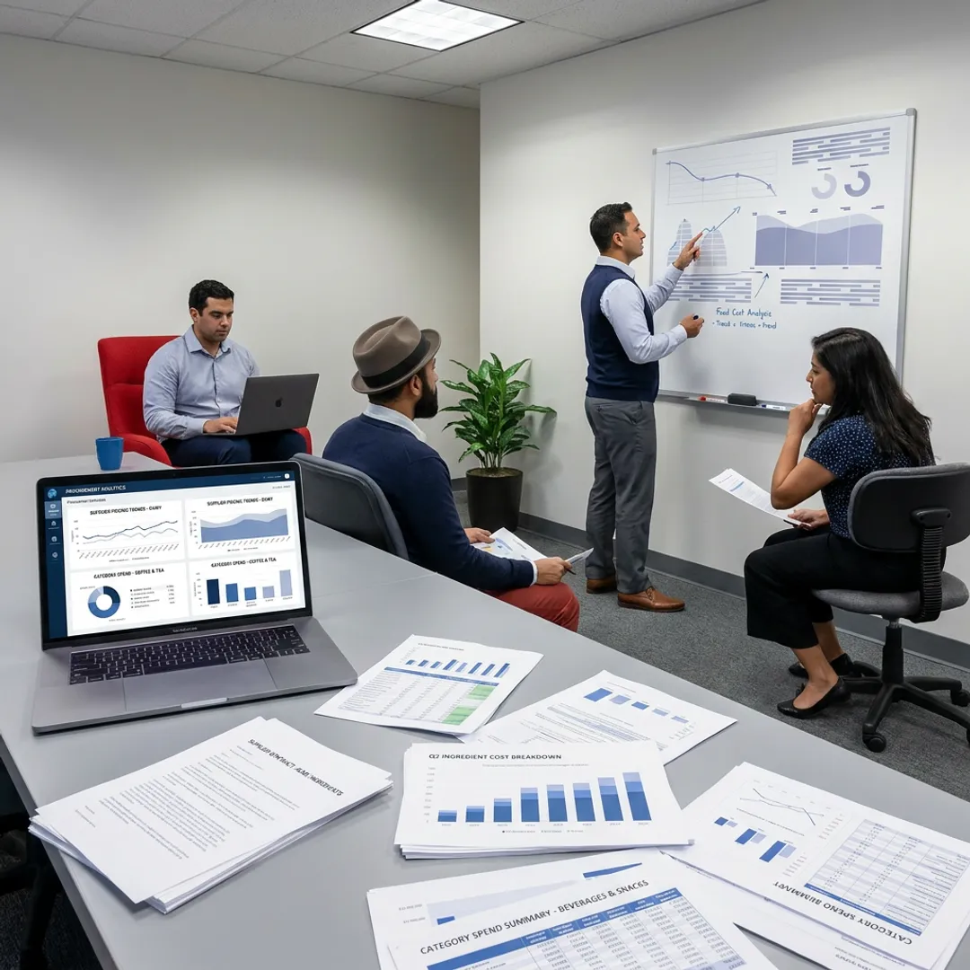 Food and beverage procurement team reviewing supplier data
