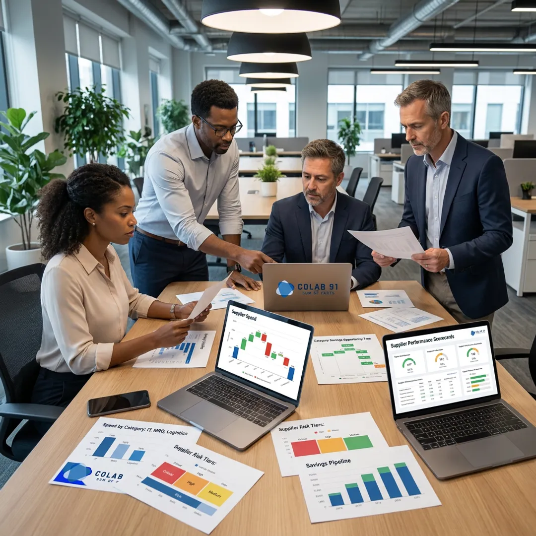 Procurement analysts reviewing savings opportunity dashboards