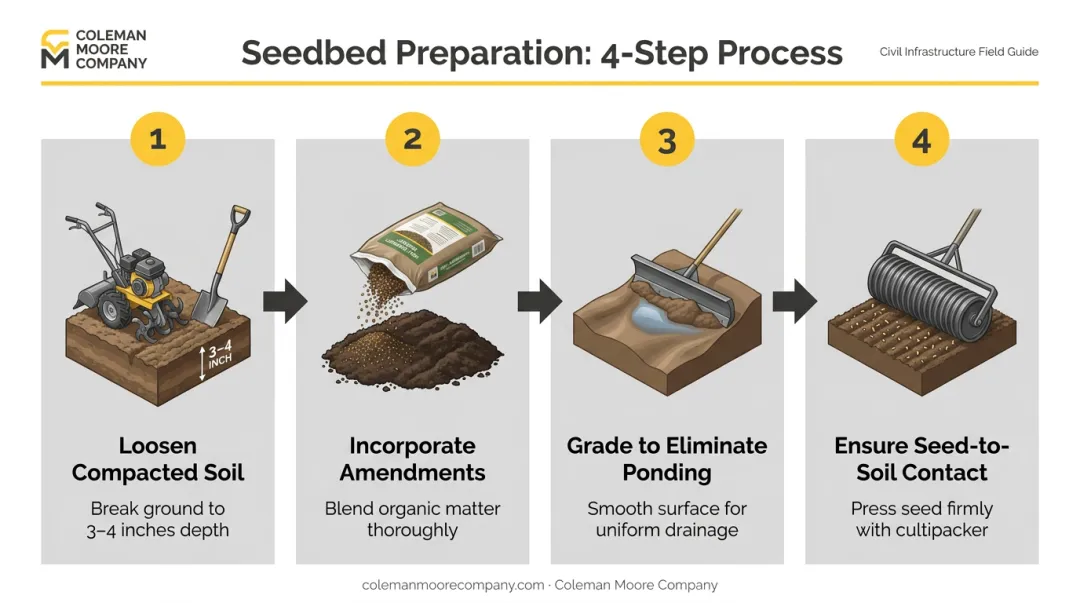 Four-step seedbed preparation process for vegetative erosion control establishment success