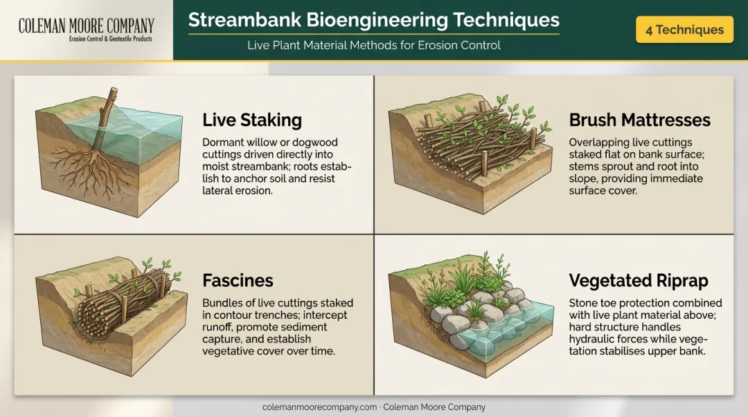 Four bioengineering erosion control techniques live staking brush mattress fascines vegetated riprap
