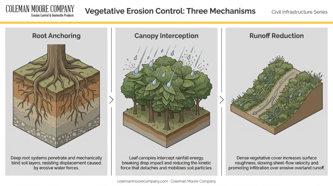 Three vegetation erosion control mechanisms root anchoring canopy interception runoff reduction