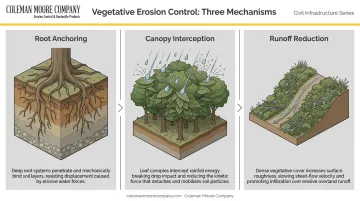 Three vegetation erosion control mechanisms root anchoring canopy interception runoff reduction
