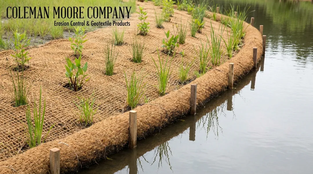 Coir fiber logs and erosion control blankets installed along vegetated river bank