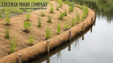 Coir fiber logs and erosion control blankets installed along vegetated river bank