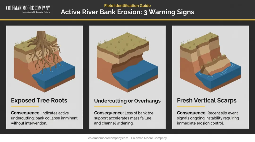 Three warning signs of active river bank erosion illustrated diagram