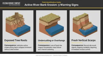 Three warning signs of active river bank erosion illustrated diagram