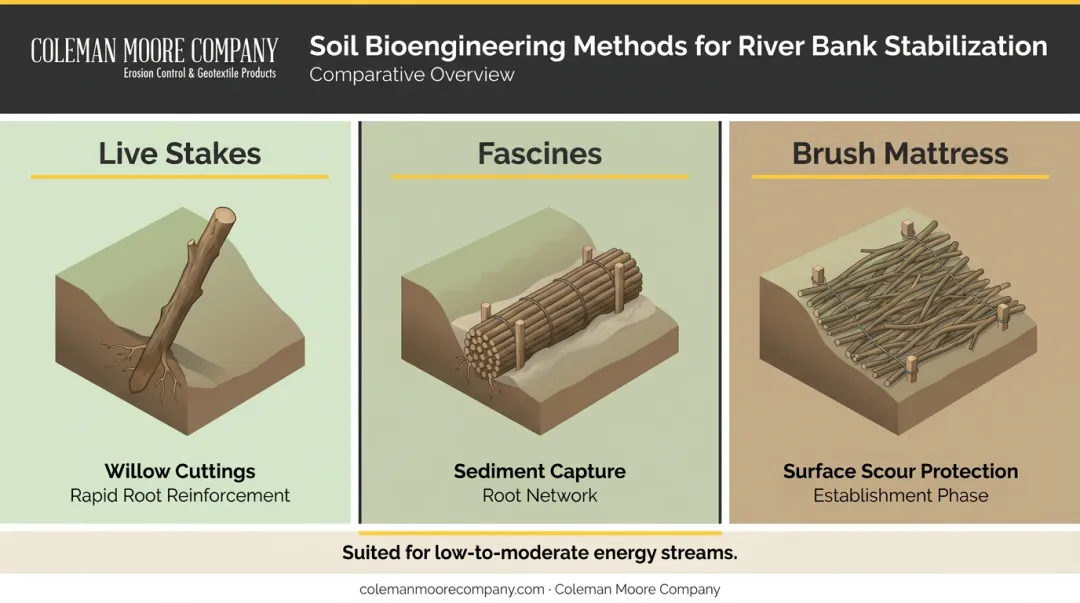 Three soil bioengineering methods live stakes fascines and brush mattress comparison