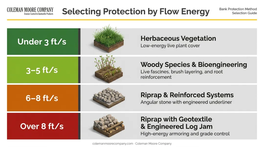 River flow velocity thresholds and corresponding bank protection method selection chart