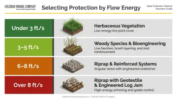 River flow velocity thresholds and corresponding bank protection method selection chart