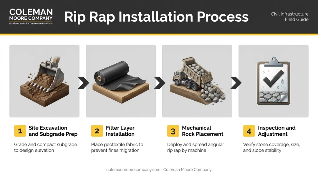 Four-step rip rap installation process from site excavation to post-placement inspection
