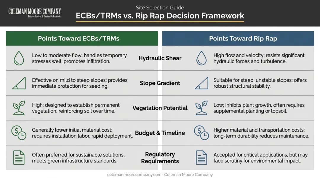 ECB versus rip rap decision factors comparison chart for erosion control specification