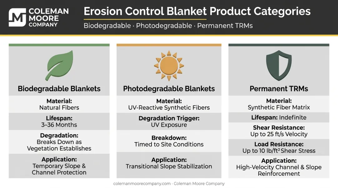 Three ECB categories comparison from biodegradable blankets to permanent TRMs