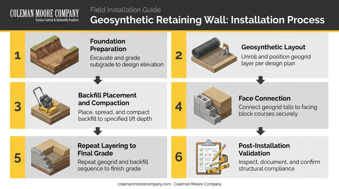Geosynthetic retaining wall installation sequence six-step process flow diagram