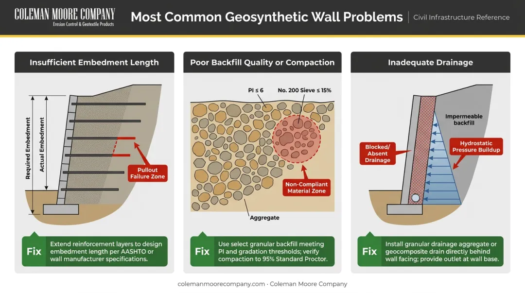 Three most common geosynthetic retaining wall failure causes and field fixes