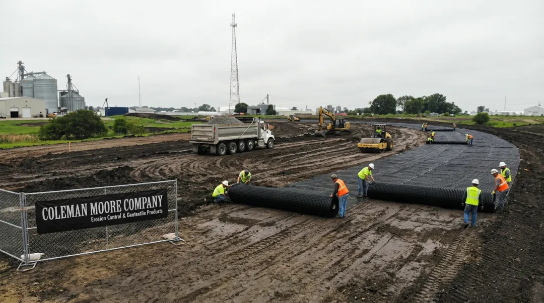 Coleman Moore geogrid installation at CF Industries plant expansion Sergeant Bluff Iowa