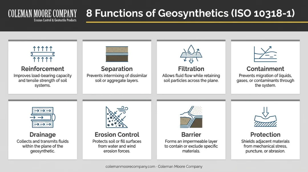 Eight ISO-defined geosynthetic functions comparison chart with icons and descriptions