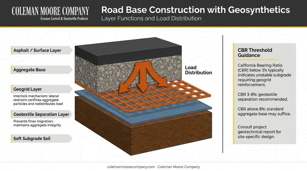 Geotextile and geogrid road base stabilization cross-section diagram with soil layers