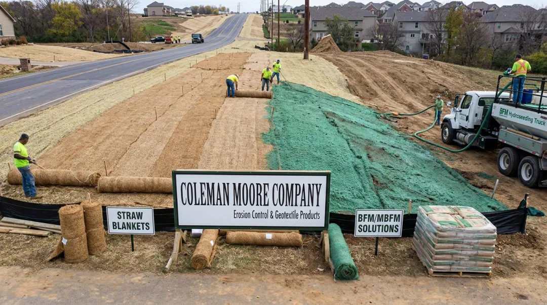 Erosion control blankets and fiber matrix products installed on steep construction slope