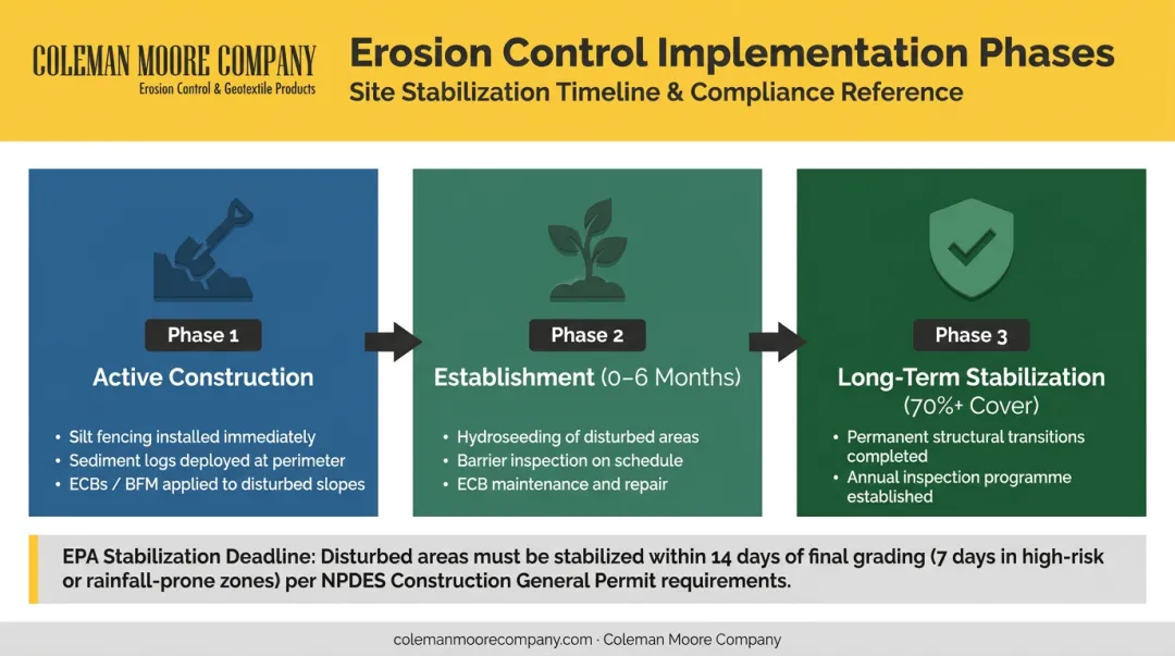 Steep slope erosion control three-phase implementation timeline from construction to stabilization