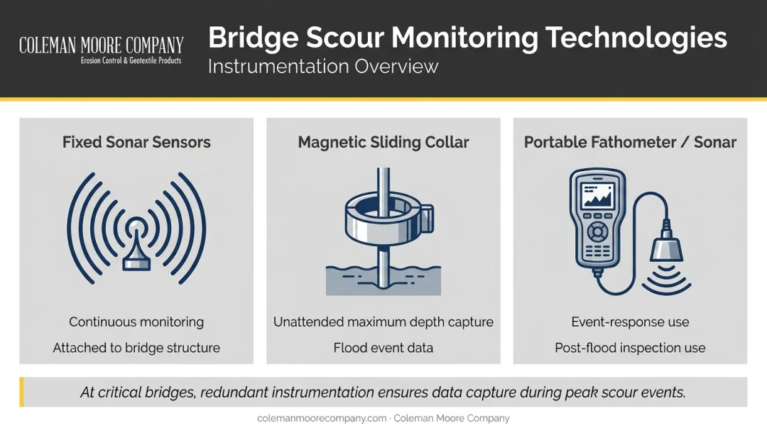 Bridge scour monitoring tools comparison fixed sonar magnetic collar portable fathometer