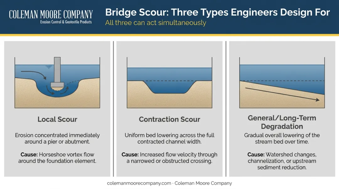Three types of bridge scour local contraction and general degradation comparison infographic