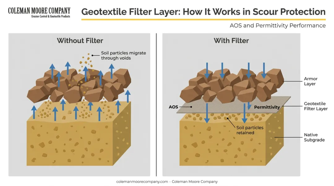 Geotextile filter layer winnowing failure prevention mechanism cross-section diagram