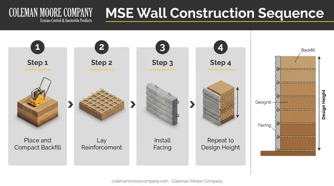 4-step MSE wall construction sequence from compaction to final height