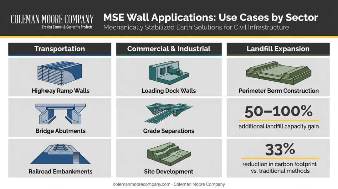 MSE wall civil infrastructure applications across transportation landfill and commercial sectors