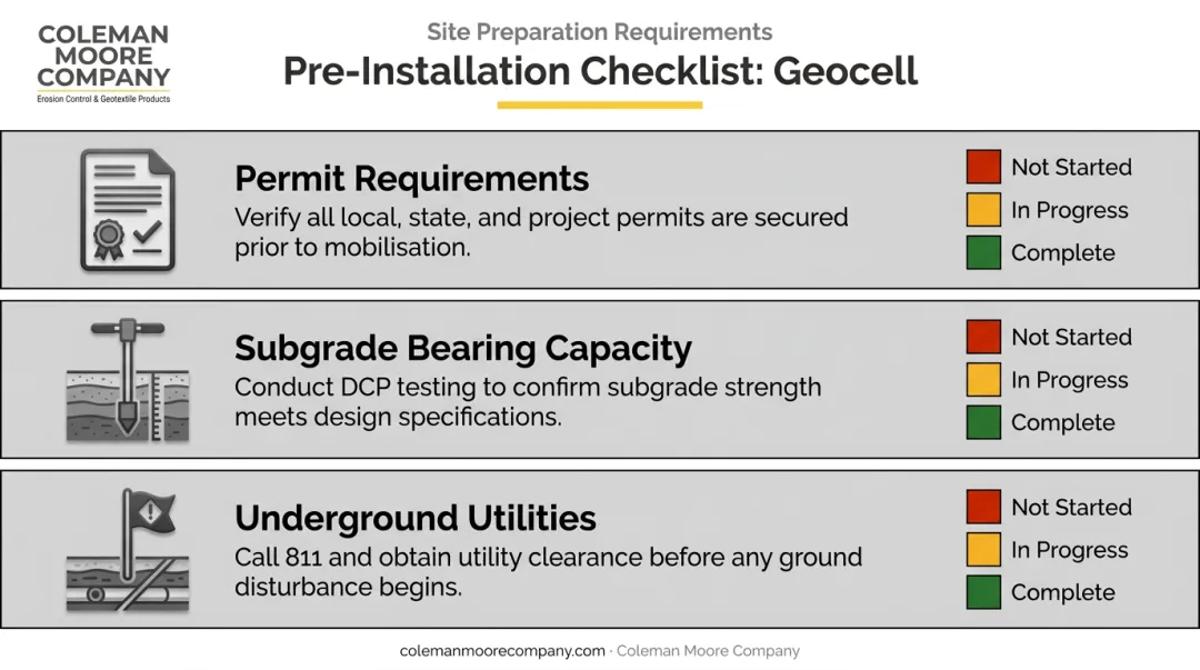Geocell retaining wall pre-installation checklist covering permits subgrade and utilities