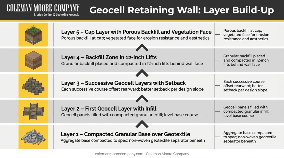 Geocell retaining wall layer stacking sequence from base to capped top