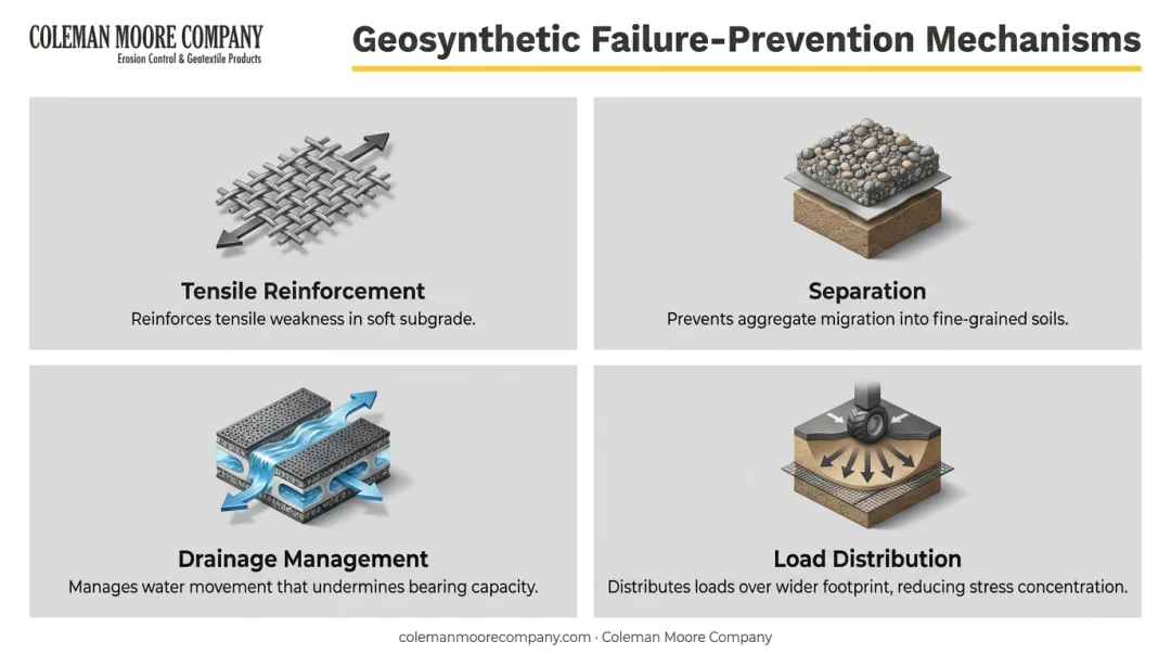 Four ways geosynthetics prevent subgrade failure mechanisms infographic