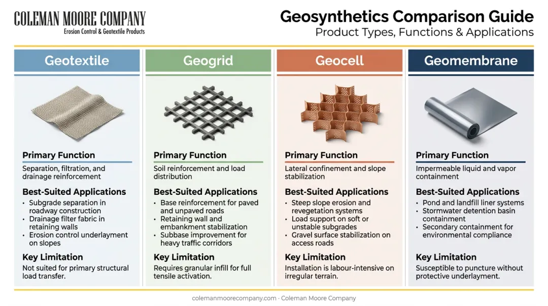 Four geosynthetic types comparison chart functions applications and limitations